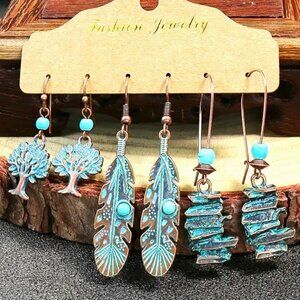 3pr Turquoise Bronzed Earrings Dangle Gypsy Boho Hippie Native Southwest Feather